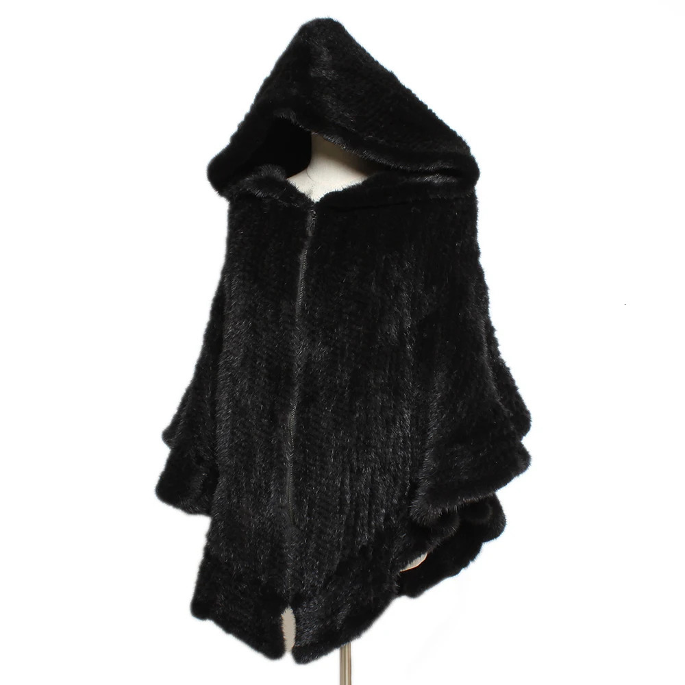 Winter Women Knitted Real Mink Fur Shawl Hooded Fashion 100%Natural Cape Jacket Lady Casual Warm Genuine Poncho 241126