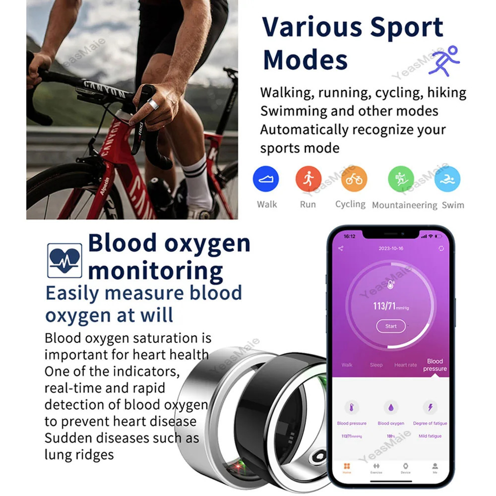 Smart Ring Men Women Heart Rate Blood Oxygen Sleep Health Monitor Sports Activity Fitness Tracker Rings for Android IOS 240422