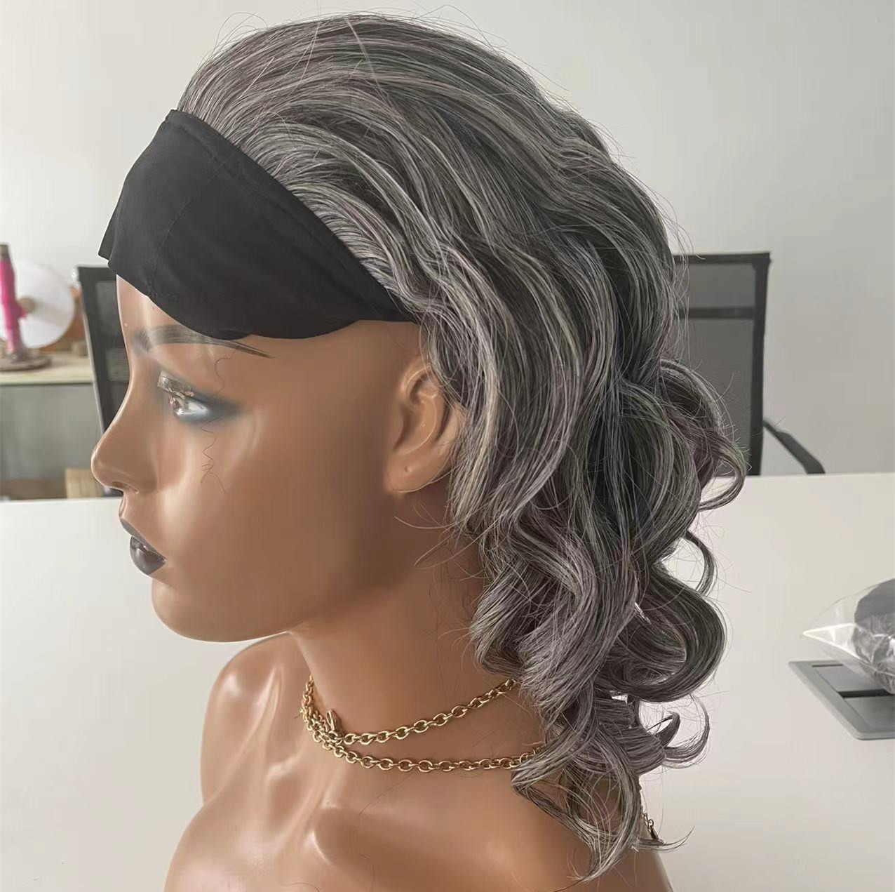 Headband Wig Salt & Pepper Colored Real Human Hair Glueless Wigs Silver Gray Straight natura Hair For Older Women 12inch 150%density