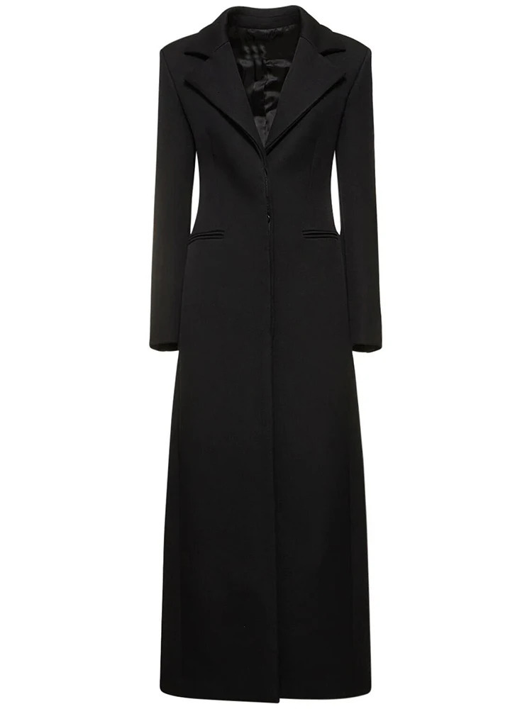EAM black ankle long wool jacket lapel long sleeved button up womens jacket fashionable trend winter 31A0992 241127