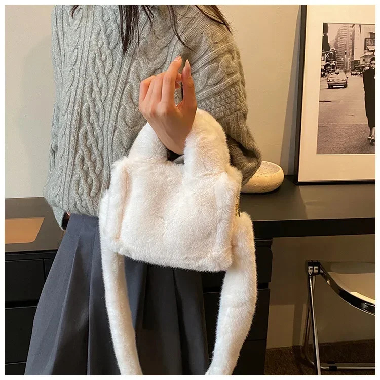 Faux Fur Womens Shoulder Bag Solid Color Soft Plush Ladies Crossbody Bags Simple Fluffy Tote Female Furry Handbags Purse 241128