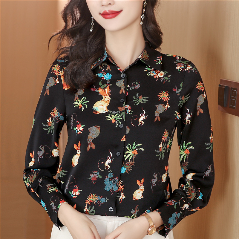 Fashion Rabbit Print Red Silk Shirt Women Long sleeved Lapel Neck Designer Blouses Casual Office Slim Ladies Button Down Runway Tops Clothing Spring S