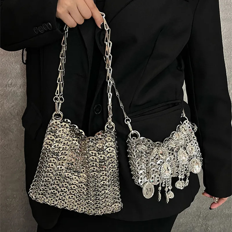 Womens Bag Trend Hand Woven Hollow Metal Chain Tote Clutch Female Travel Holiday Shoulder Handbag 241126