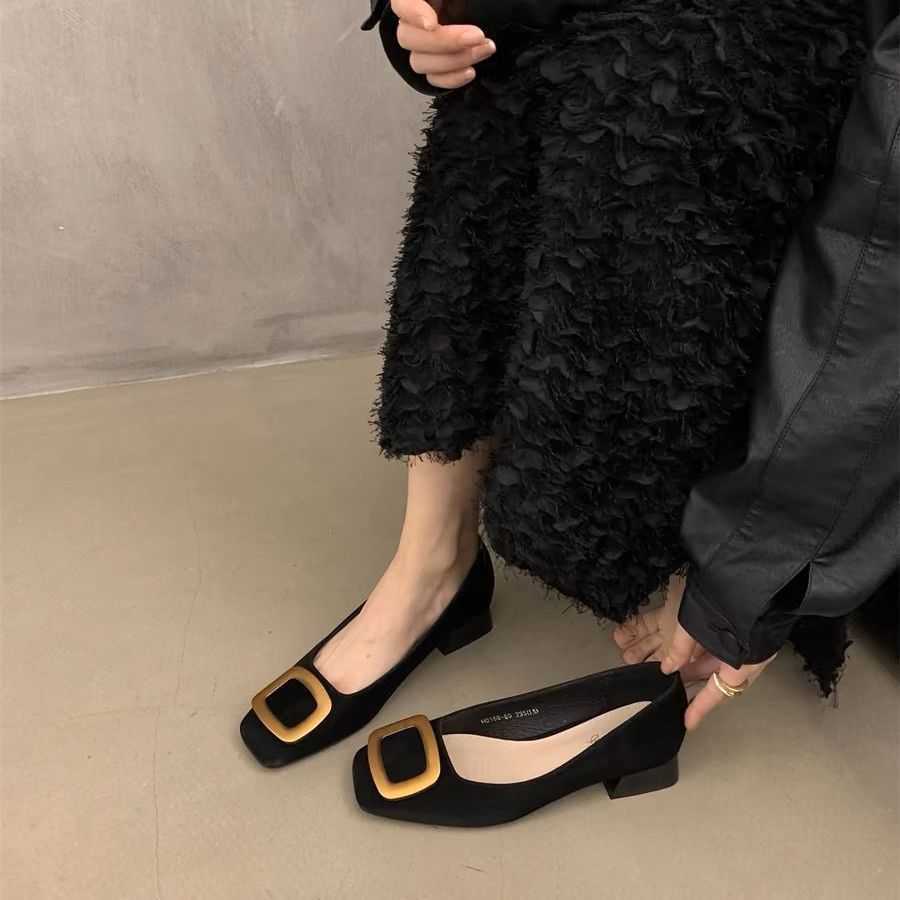 2025 Heels high heels Gentle fairy style design with sense of happiness new metal buckle square buckle thick heel soft sole non tiring single shoe