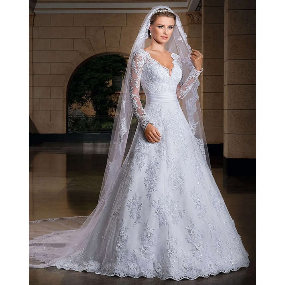 White Pure Spring New Lace A Line Wedding Dresses Plunging Neckline See Through Back Long Sleeves Bridal Gowns Vestido De Noiva Manga