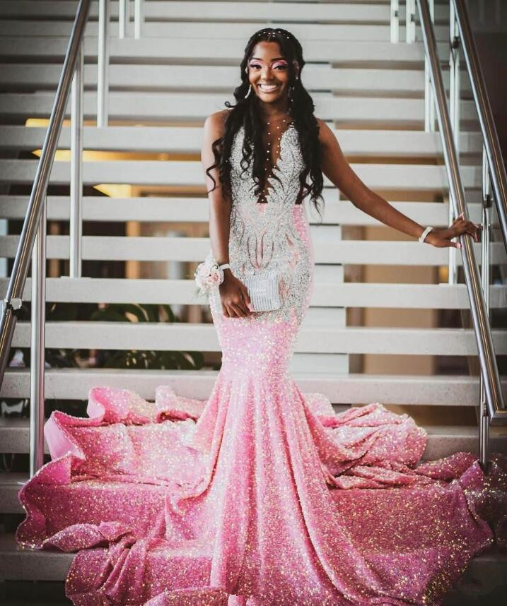 Rose Pink Sparkly Mermaid Prom Birthday Gala Dresses for Black Girl 2024 Luxury Diamond Crystal Velvet Evening Ceremony Gown