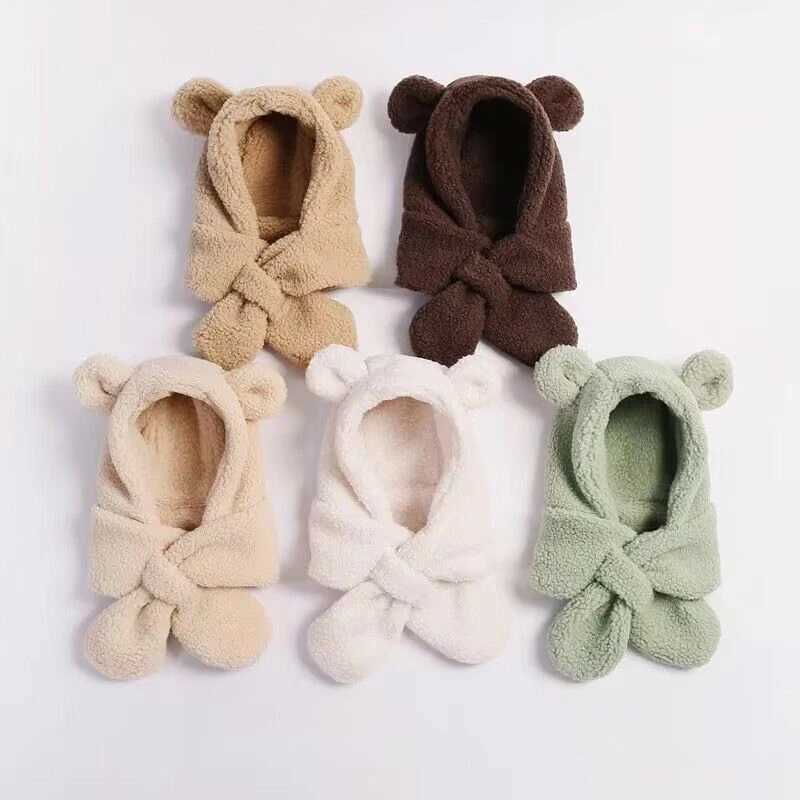 Caps Hats Lamb Fleece Ear Protection Cap For Kids Cute Hooded Hat Winter Boys Girls Windproof Warm Plush Beanie Baby One Piece Scarf Cap H241128