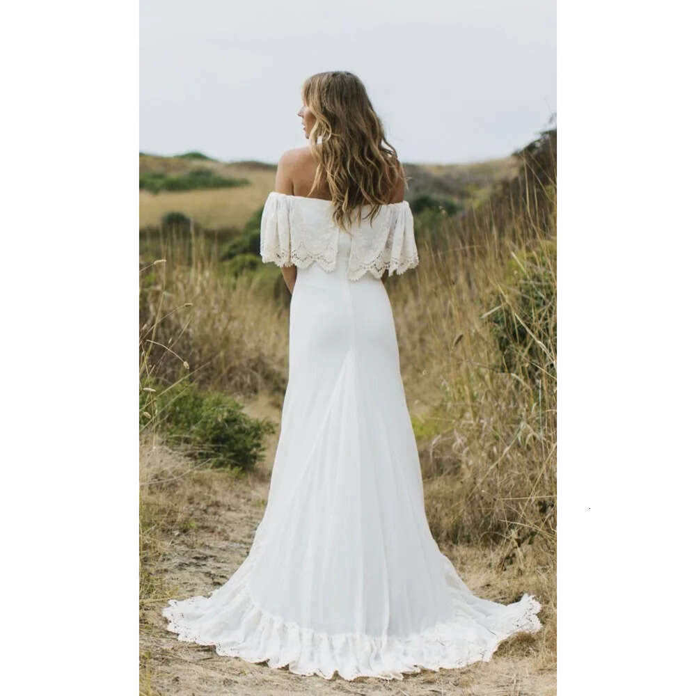 New Country Sexy Boho Style Off The Shoulder Lace Chiffon Bohemian Wedding Gowns Plus Size Bridal Dresses