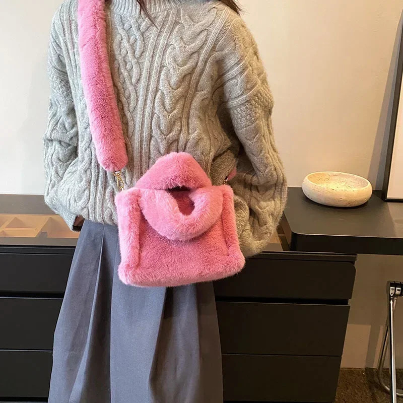 Faux Fur Womens Shoulder Bag Solid Color Soft Plush Ladies Crossbody Bags Simple Fluffy Tote Female Furry Handbags Purse 241128