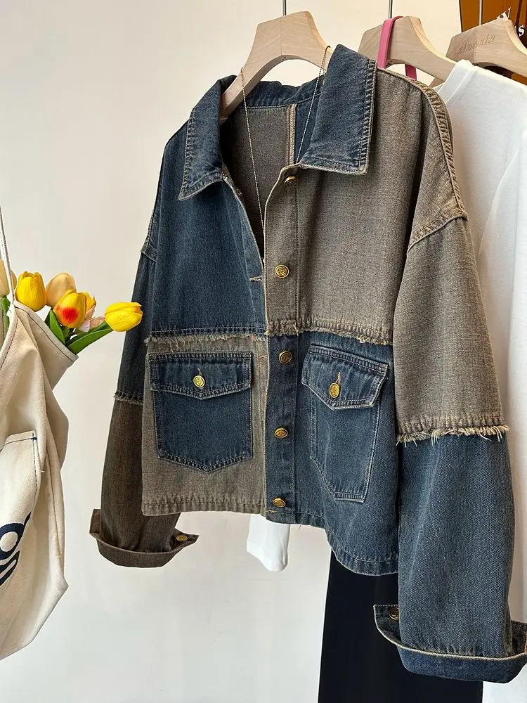 Fashionable retro jacket patch work contrasting color original edge long sleeved denim jacket casual loose fully matched womens clothing 241125
