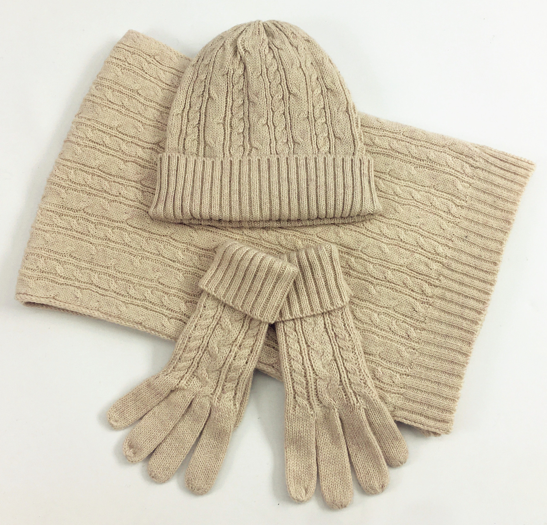 Europe and America Autumn and Winter Fashion Three piece Set Classic Fried Dough Twists Warm Hat Scarf Glove Set Factory Direct Sale