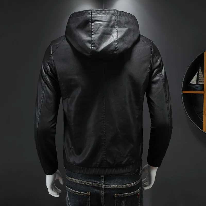 Fashion Autumn Mens Hoodie Pu Leather Jacket Fashion Black Motorcycle Leather Jacket High Quality Casual Street Zipper Jacket Mens Y251124