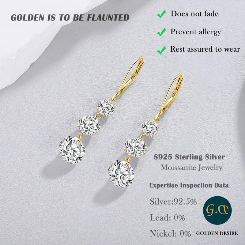 Dangle Earrings 7 Ctw Gold-Plated Moissanite Drop - S925 Silver With Triple Sparkling Stones Elegant And Timeless Design