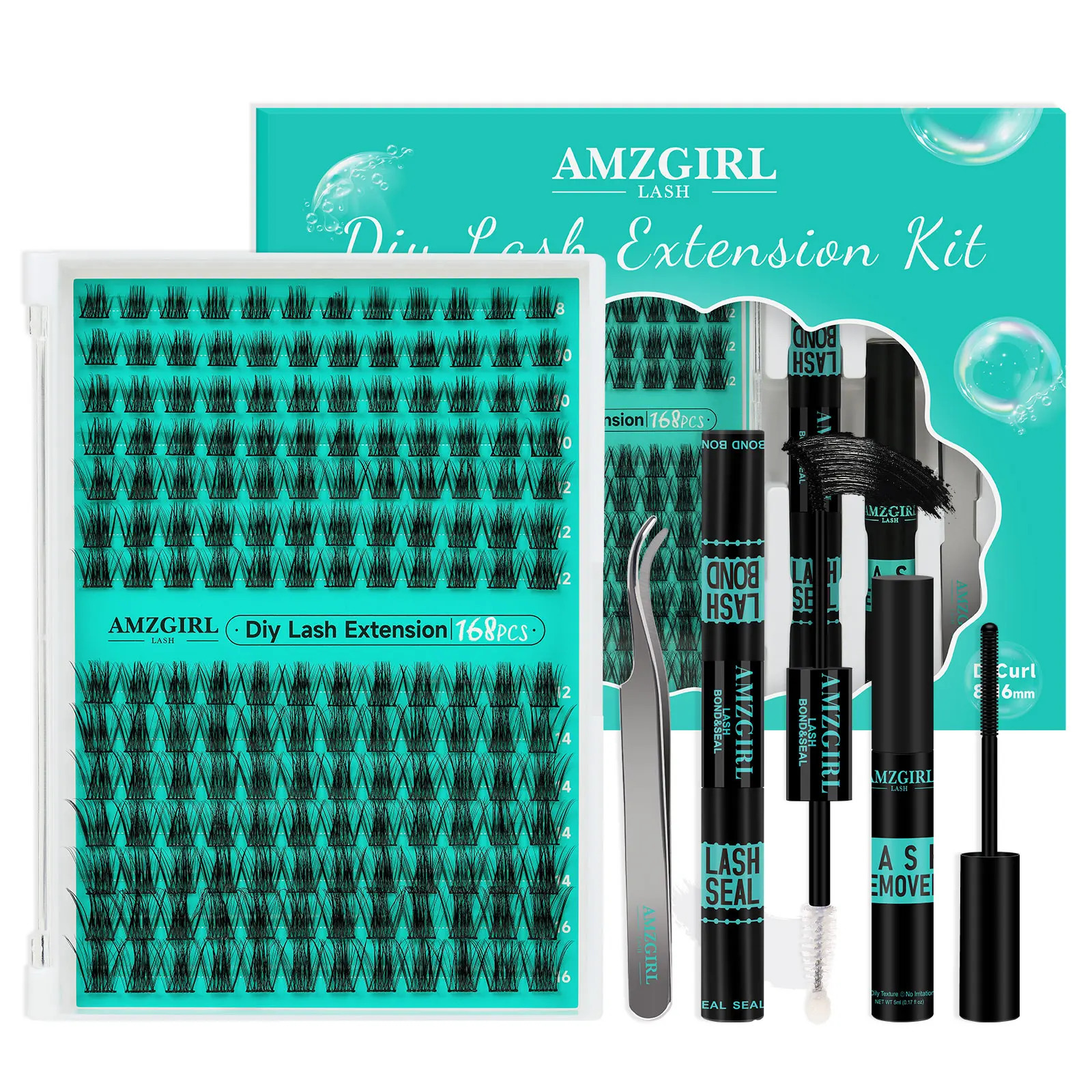 AMZGIRL LASH 168pcs DIY Eyelashes Kit Cluster Lashes D Curl Waterproof Bond and Seal with Remover Tweezer Easy Apply Premade Fan 241128