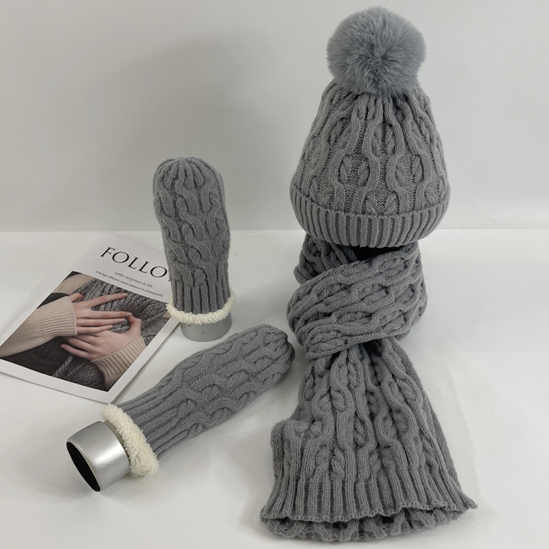 Winter hat for women with thick velvet and warm wool ball knitted wool hat scarf gloves three piece set windproof sleeve headband hat