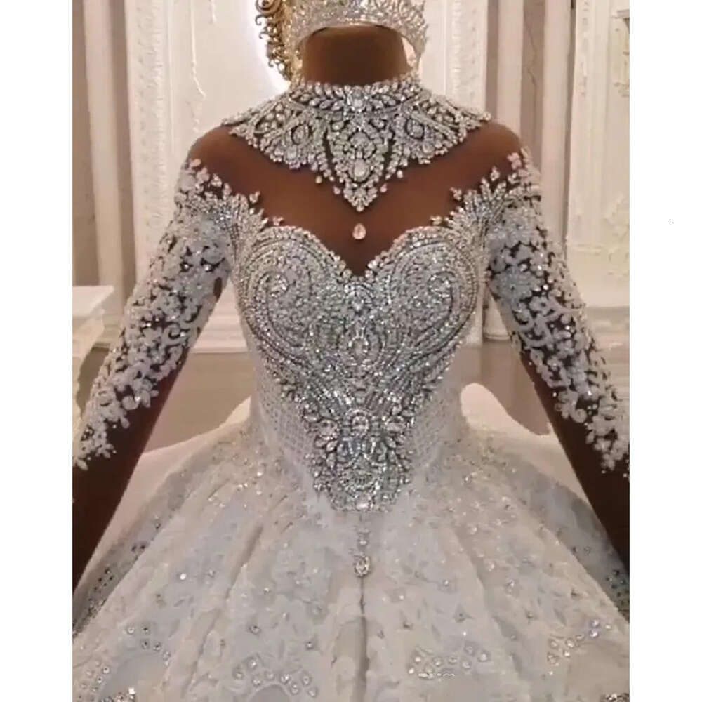 Dubai Applique Beaded Crystal Lace Ball Gown Wedding High Neck Sheer Long Sleeve Hollow Back Vestido De Noiva Bride Dress
