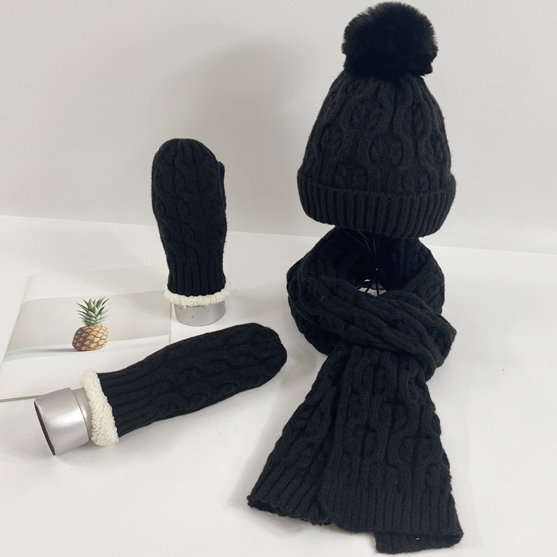 Winter hat for women with thick velvet and warm wool ball knitted wool hat scarf gloves three piece set windproof sleeve headband hat