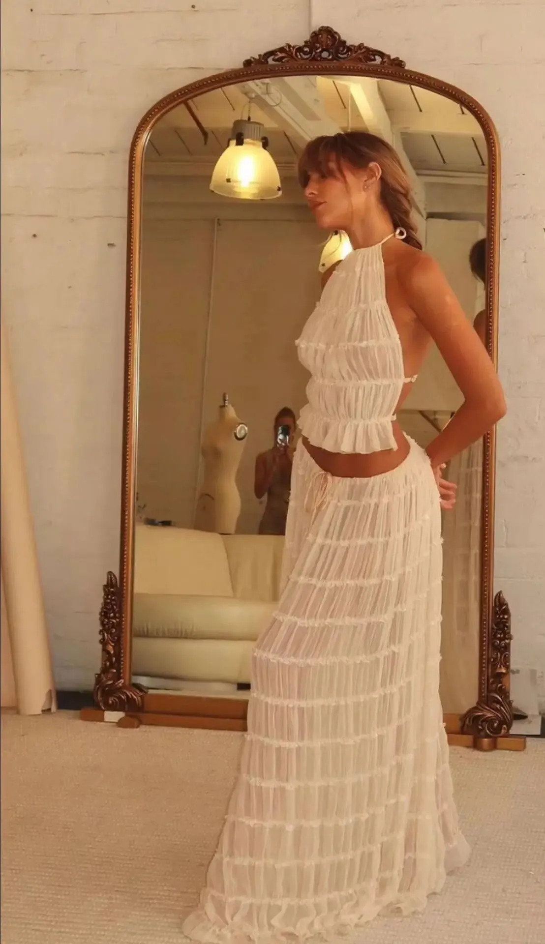 Elegant White Sleeveless Backless Hang Neck Style Tops And Long Skirts Two Piece Set For Women Summer Party Beach Outfit 240423