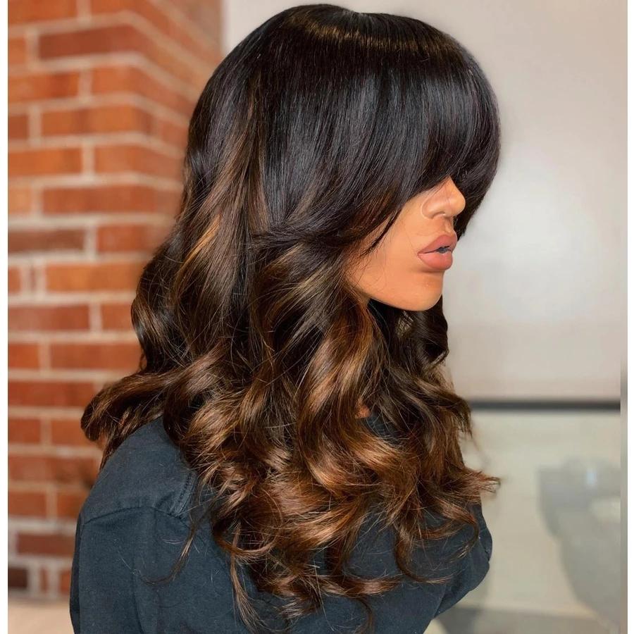 360 Lace Frontal Wig Ombre Dark Brown Wave Remy Human Hair Hd Laced Front 150% Fringe Wigs Natural Haire F Curtain Bangs