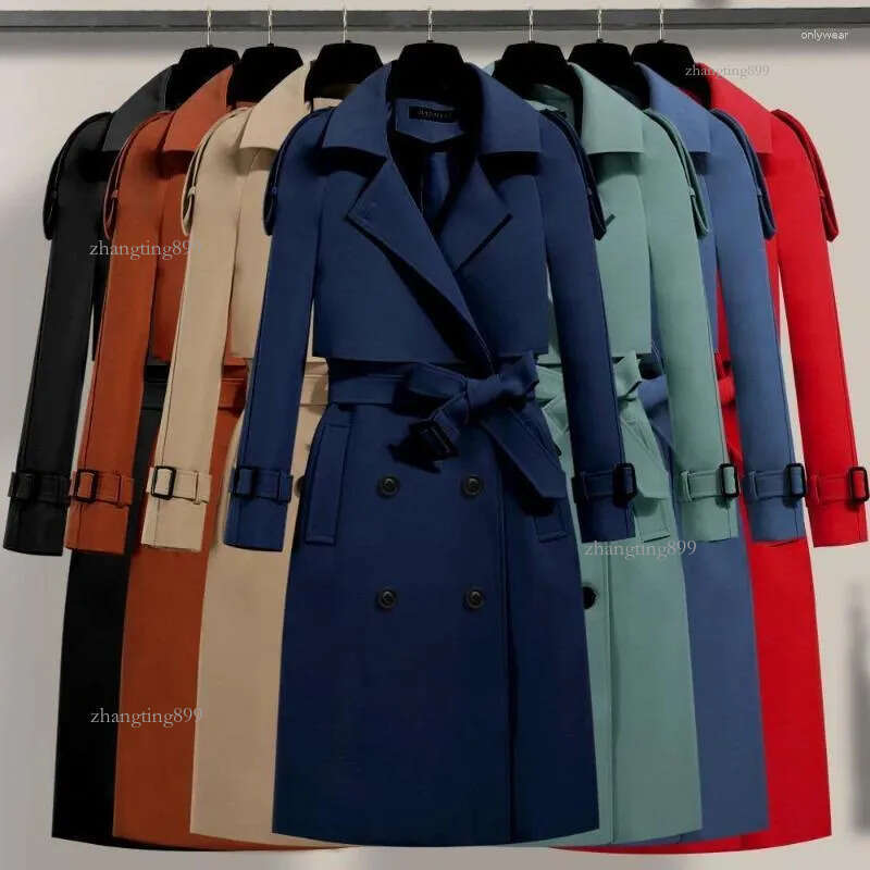 Women's Trench Coats Long With Belt Autumn Korean Windbreaker Ladies Double-breasted Solid Khaki Adjustable Waist Coat For Women