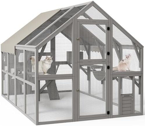 YITAHOME Extra Large Catio Outdoor Enclosure, 110 inch Outside Cattery with Weatherproof Roof, Scratcher Ramp, Cat Space Capsule Bed, Bridges, 2 Resti