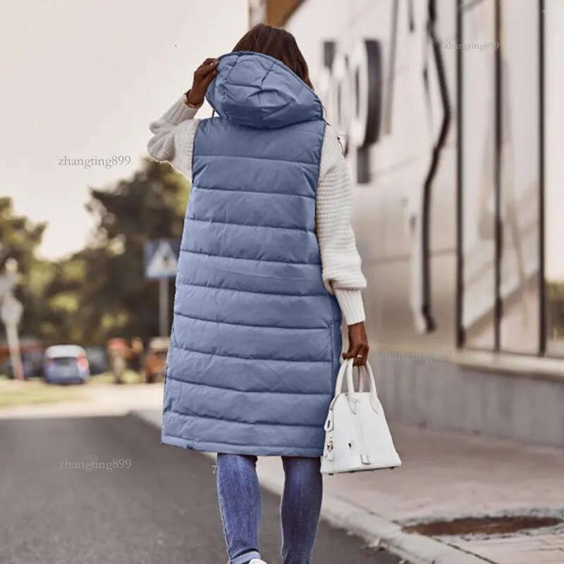 Women's Vests Puffee Vest Long Puffer Womens Jacket With Hood Sleeveless Warm Down Coat Women Winter 2024 Pockets Waistcoat Outdoor