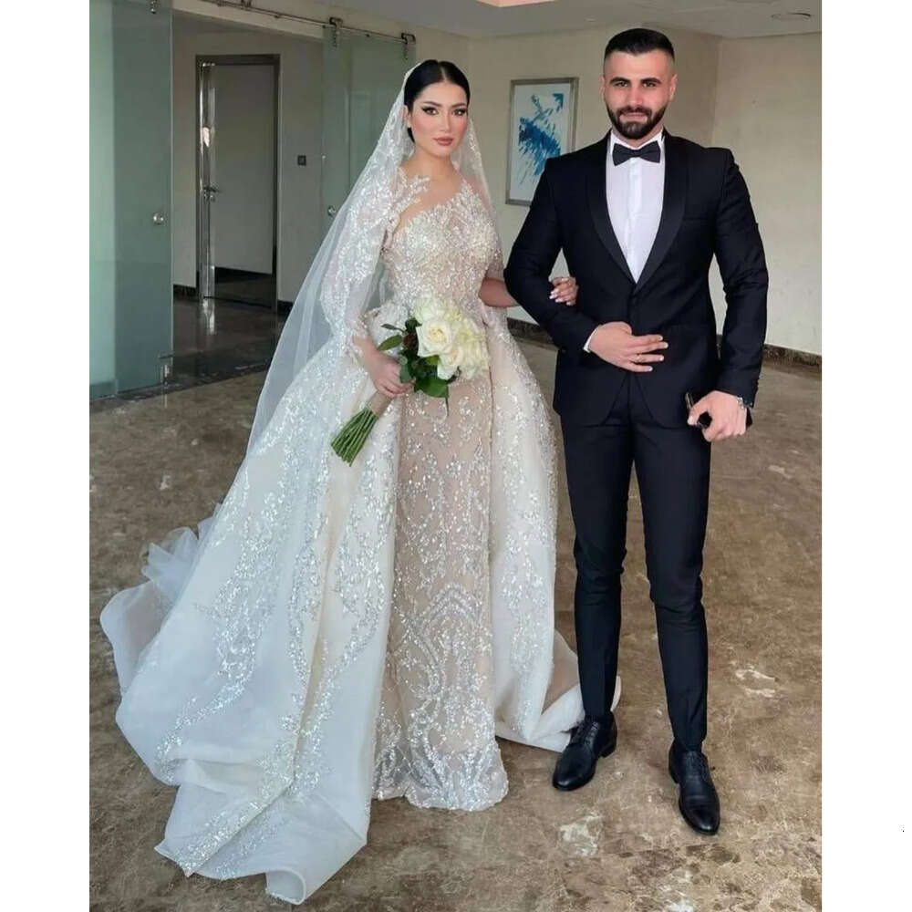 Mermaid Dress Sexy Sparkly Beads Sheer Jewel Neck Saudi Arabic Wedding Dresses With Detachable Train Wly Es