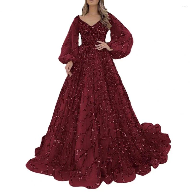Casual Dresses Women Slim-fitting Dress Elegant V Neck Sequin Evening Gown With Lantern Sleeves Beading A-line Floor Length Cocktail For