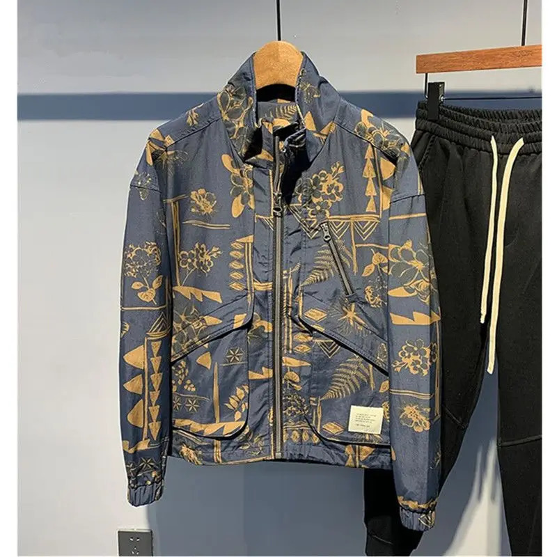 Versatile Patchwork fashionable loose mens workwear jacket for autumn and winter casual fashion stand up collar jacket 241127