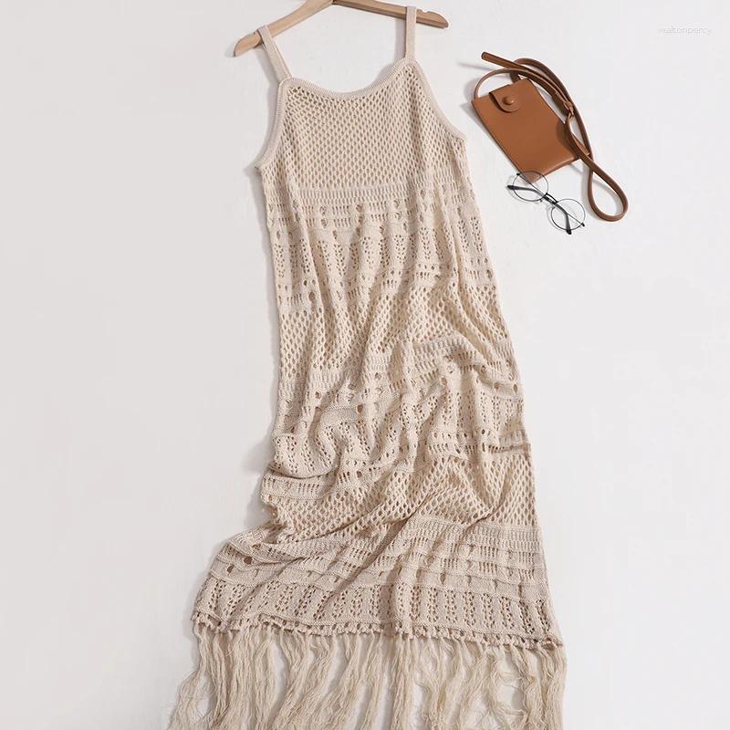 Casual Dresses Summer Knitted Hollow Out Camis Long Dress Girls Elegant Solid Silm Tassel Hemline For Women