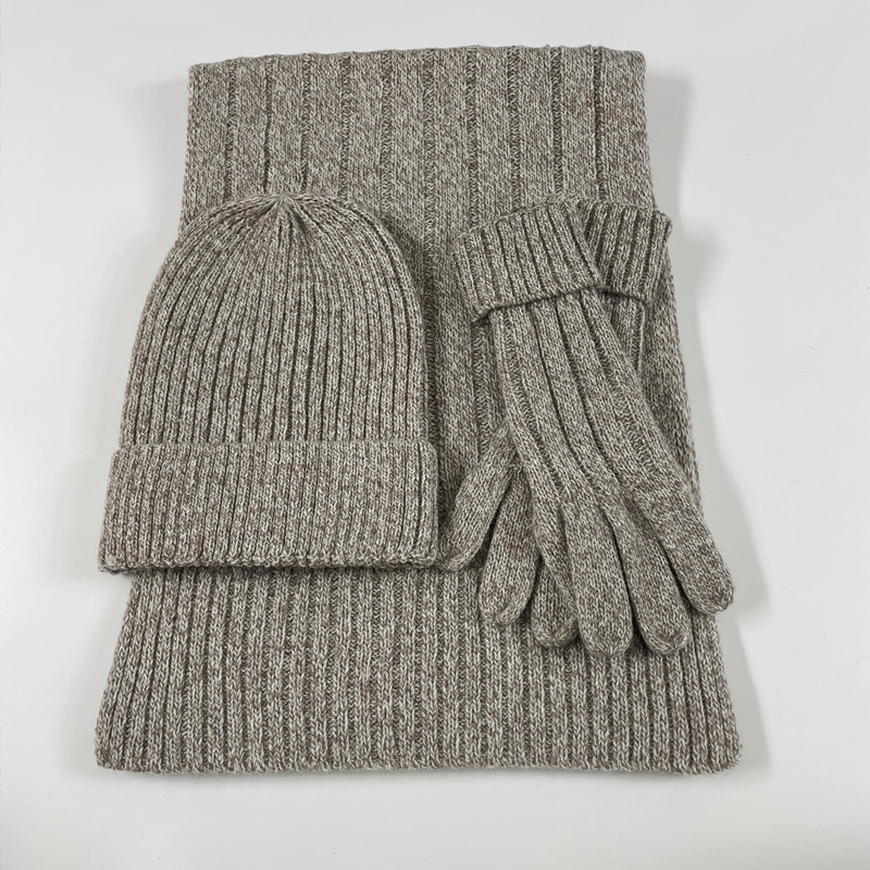 European and American autumn and winter fashion wool knitted three piece set solid color warm cover woolen hat scarf glove set