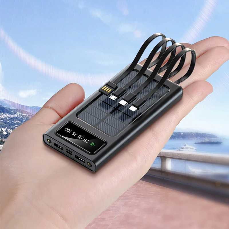Cell Phone Power Banks Solar Power Bank 200000mAh builtin cable solar charger for bidirectional fast charging PowerBank external battery with LED ligh