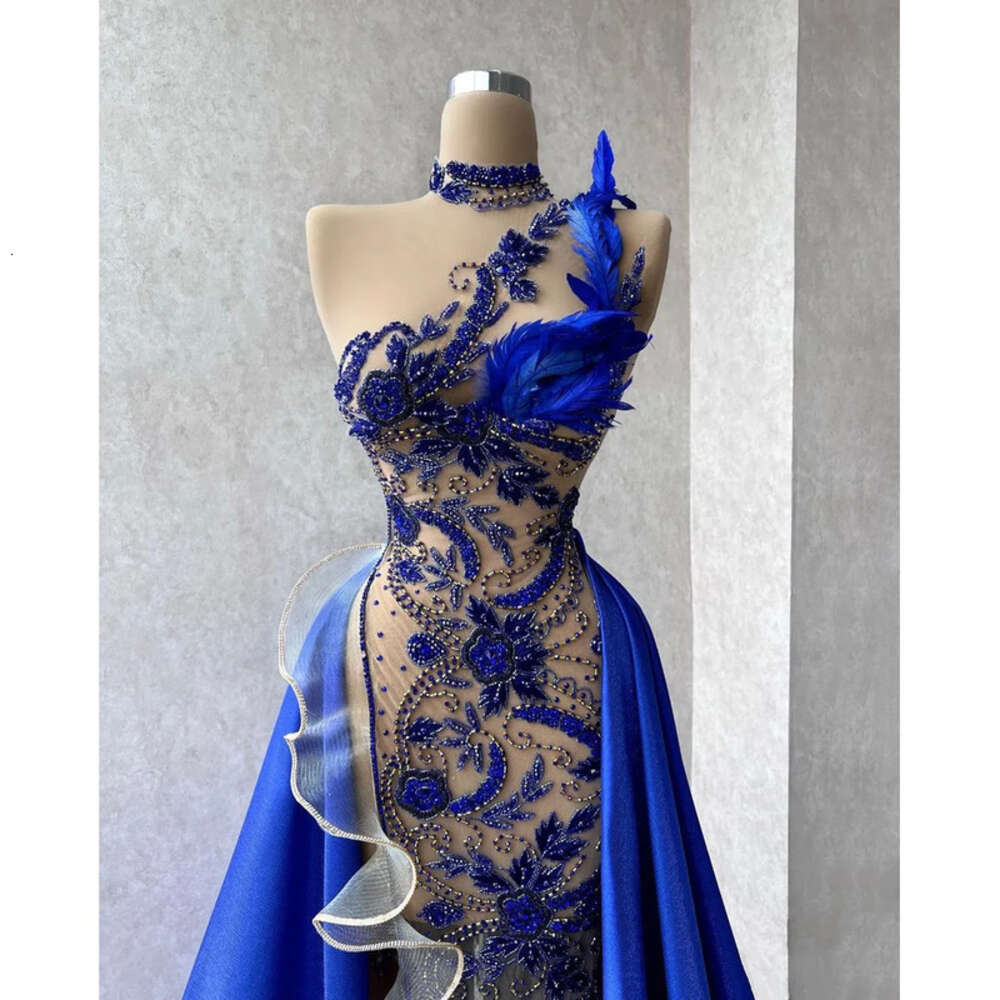 Crystals Sheer Blue Feathers Exquisite Prom Beads Neck Party Dresses Illusion With Overskirts Custom Made Evening Dress 6660312