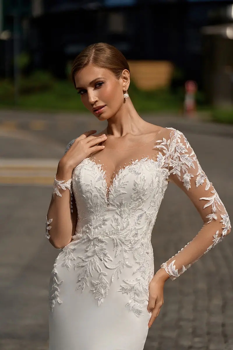 Elegant Mermaid Civil Wedding Dress 2024 V-Neck Long Sleeve Lace Appliques Backless Bride Gowns vestido de noivas robe de mariee