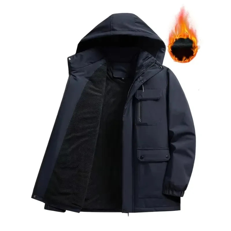 Mens Casual Warm Fleece Multi Pockets Jacket Chic Hooded Coat for Fall Winter Waterproof Jacket 241127