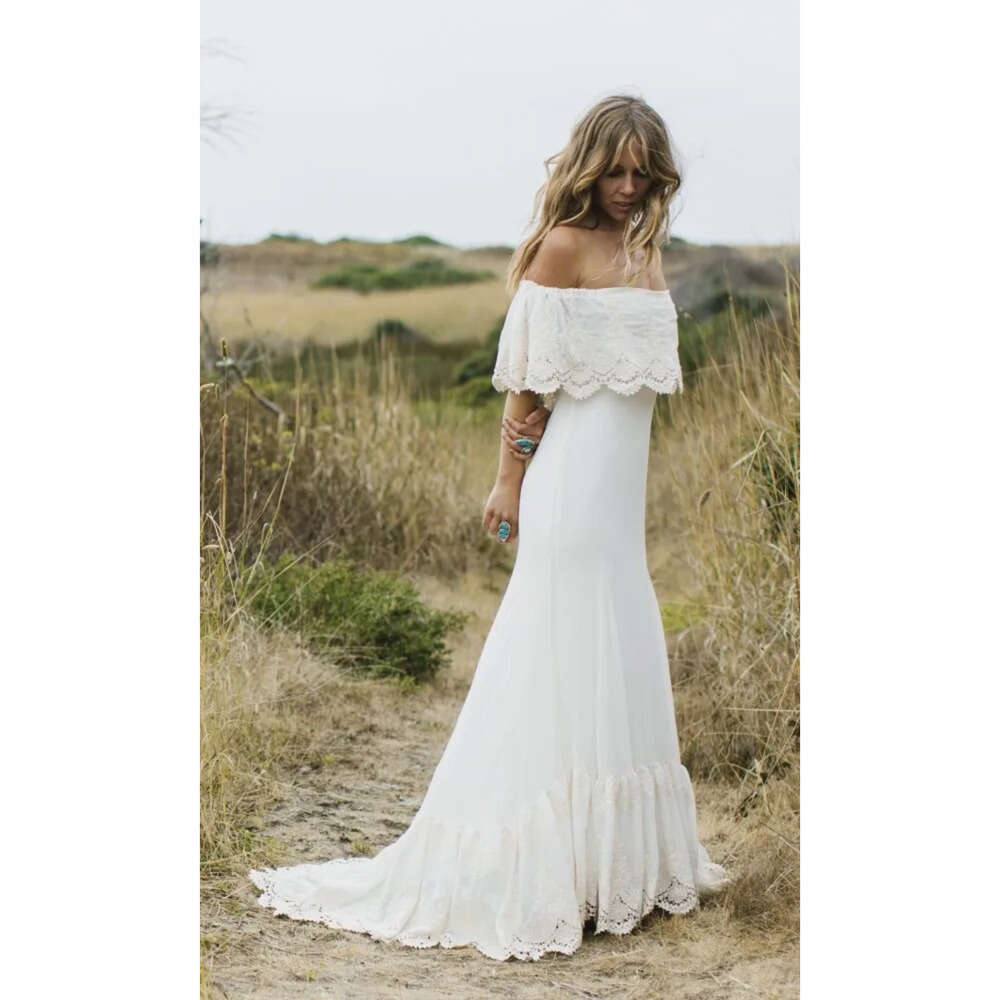 New Country Sexy Boho Style Off The Shoulder Lace Chiffon Bohemian Wedding Gowns Plus Size Bridal Dresses