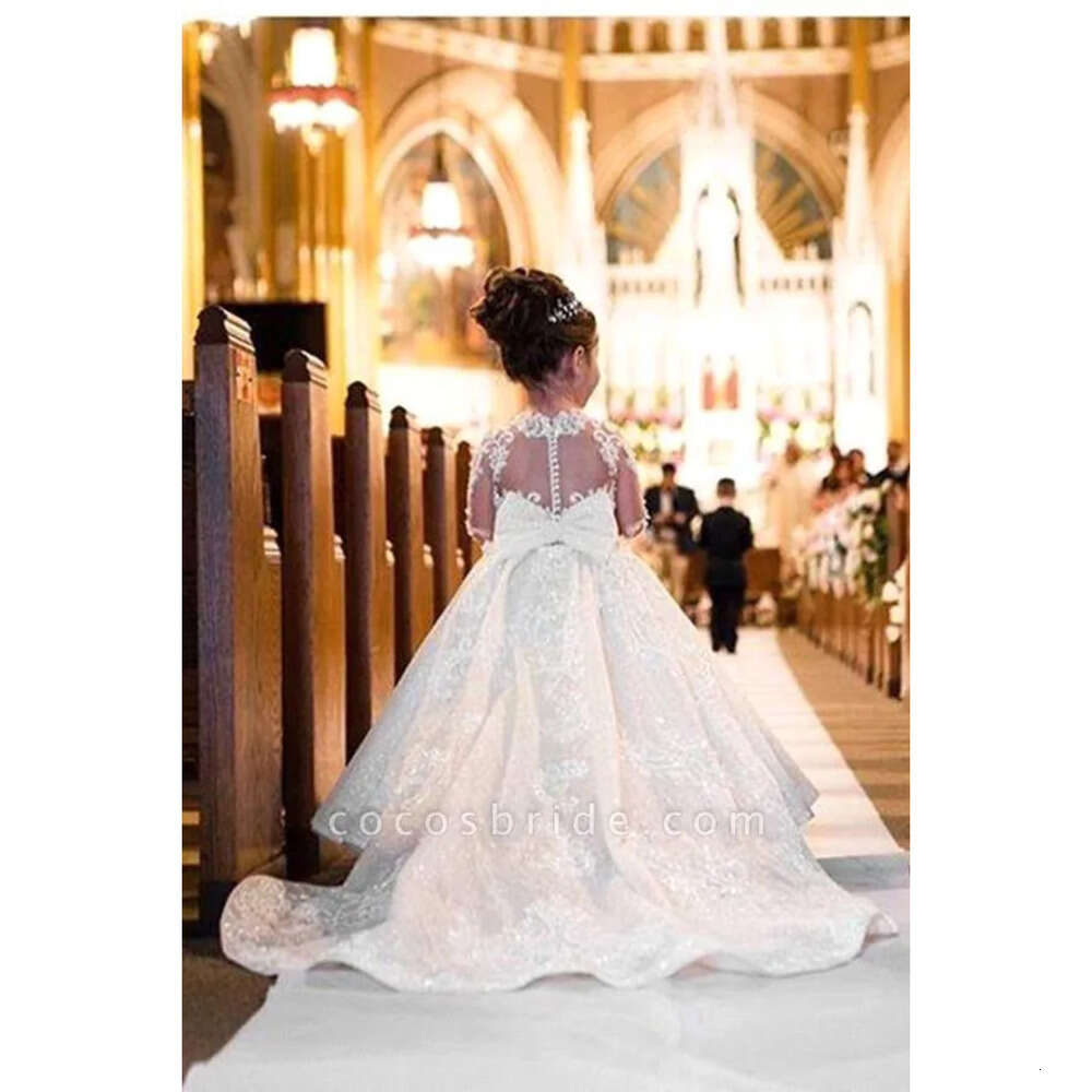 Flower Lovely Jewel Lace Dresses Neck Sheer Long Sleeves Applique Big Bow Birthday Dress Girls Pageant Gowns With Button Back Bc