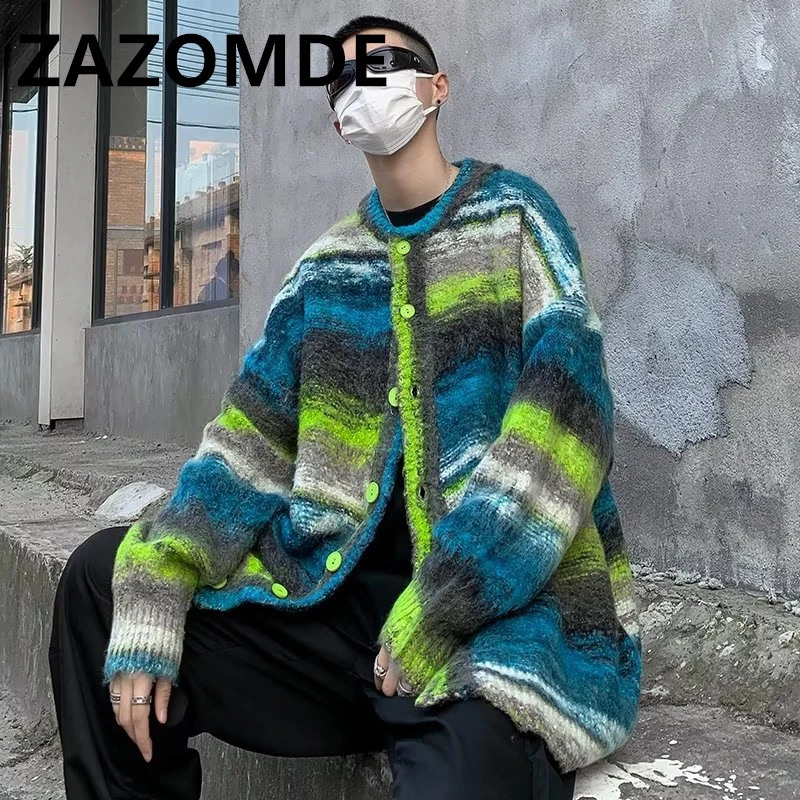 ZAZOMDE Men Wear Knitted Hip Hop Y2K Sweater Loose V-neck Single Breasted Tie-dye Knitted Stripe Cardigan Sweater Coat Winter 241127