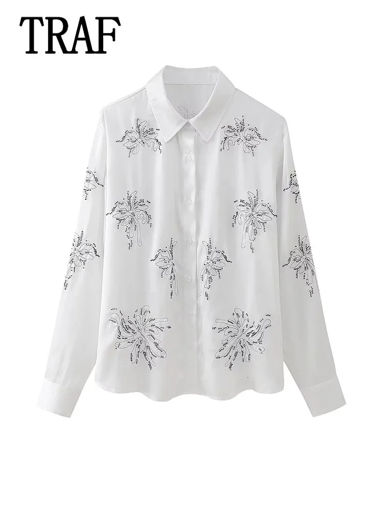 TRAF Women Suit Vintage Embroidery Single Breasted Long Sleeve Shirt Sets Loose Pants Chic Fashion Outfit 240423