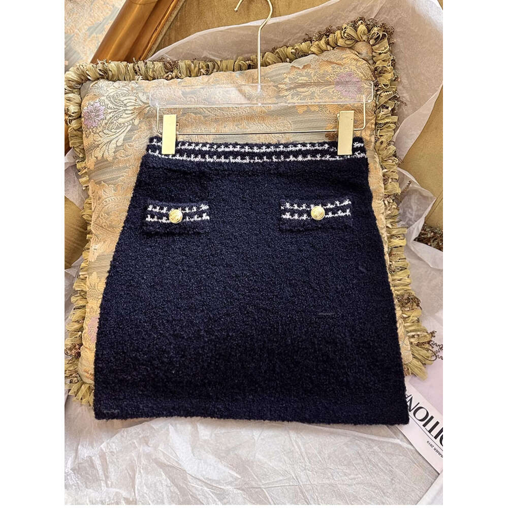 Free Shipping Navy Blue Short Cardigans Designer Metal Buttons Women's Knitting Jackets And Skirts Sets 317001