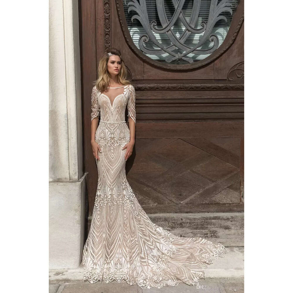 Mermaid Bateau Dresses Design Crystal Neck Backless Sweep Train Champagne Wedding Dress Custom Made Long Sleeve Beach Bridal Gowns Bes