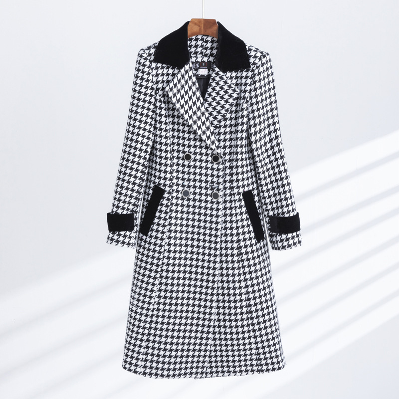 Women's Wool Blends Women's Medium Length Woolen Coat Autumn Korean Slim Coats Thousand Bird Check Double Breasted Suit Collar Coat 231010