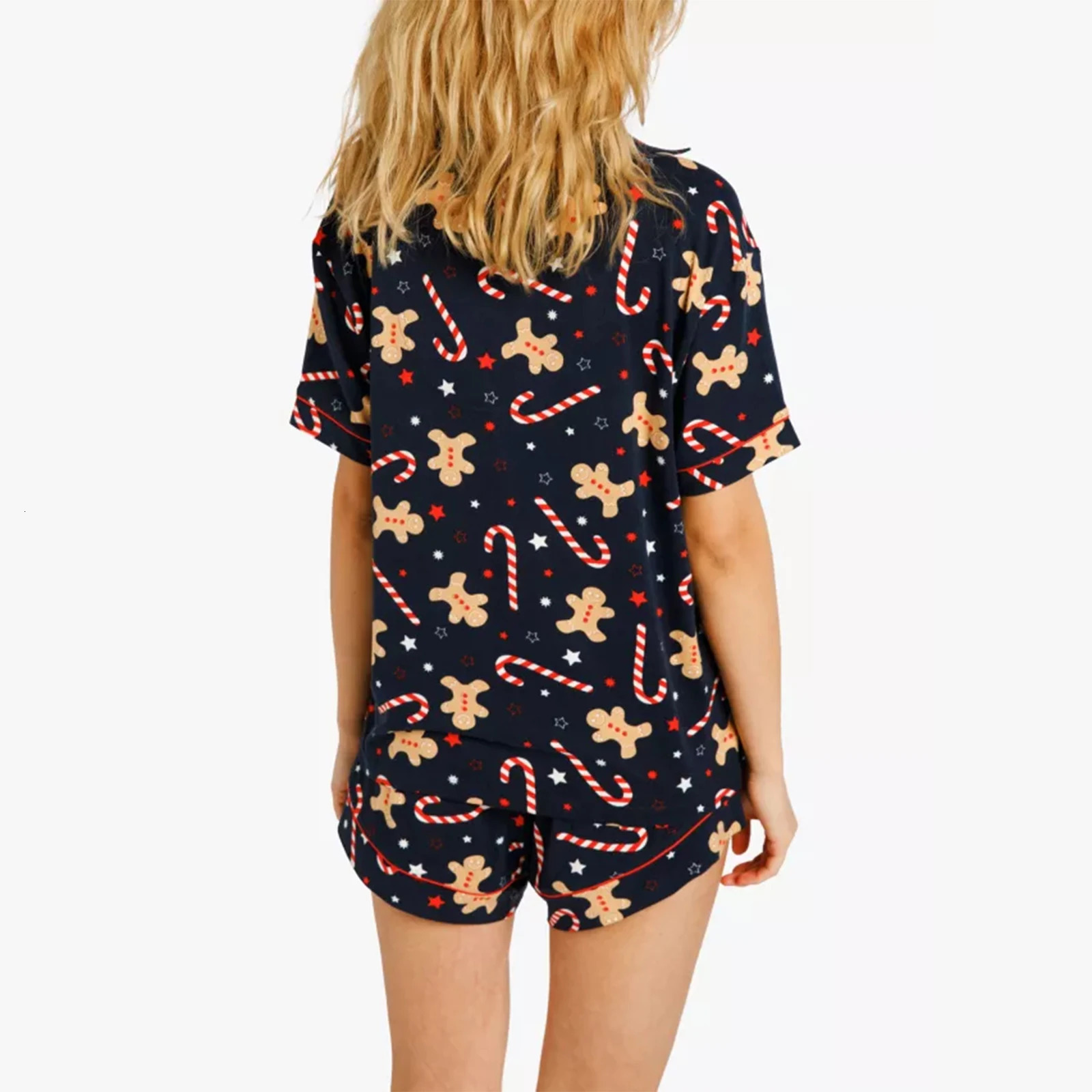 HEZIOWYUN Womens 2Piece Christmas Pajamas Set Gingerbread Man Print Short Sleeve Button Closure Shirt Shorts Sleep Loungewear 241127
