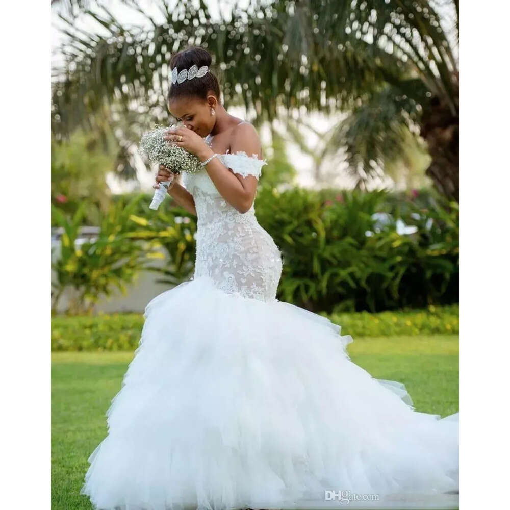African Vestidos De Mermaid Noiva Dresses Lace Appliques Off The Shoulder Bridal Gowns Tiered Tulle Wedding Dress Custom Made