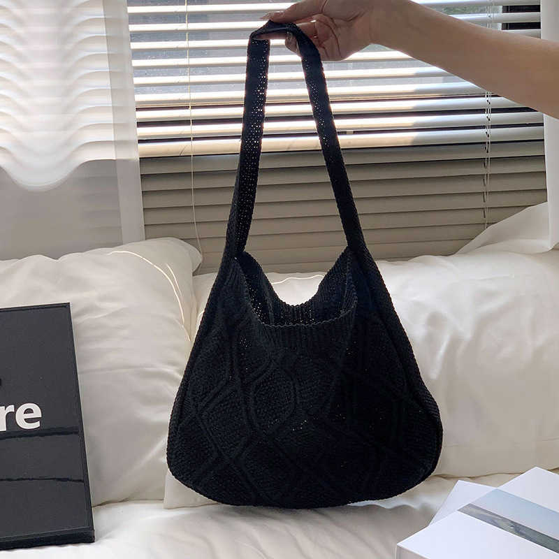 Student Shoulder Bag Crossbody Bag New Solid Color Knitted Hollow Tote Bag Handbag