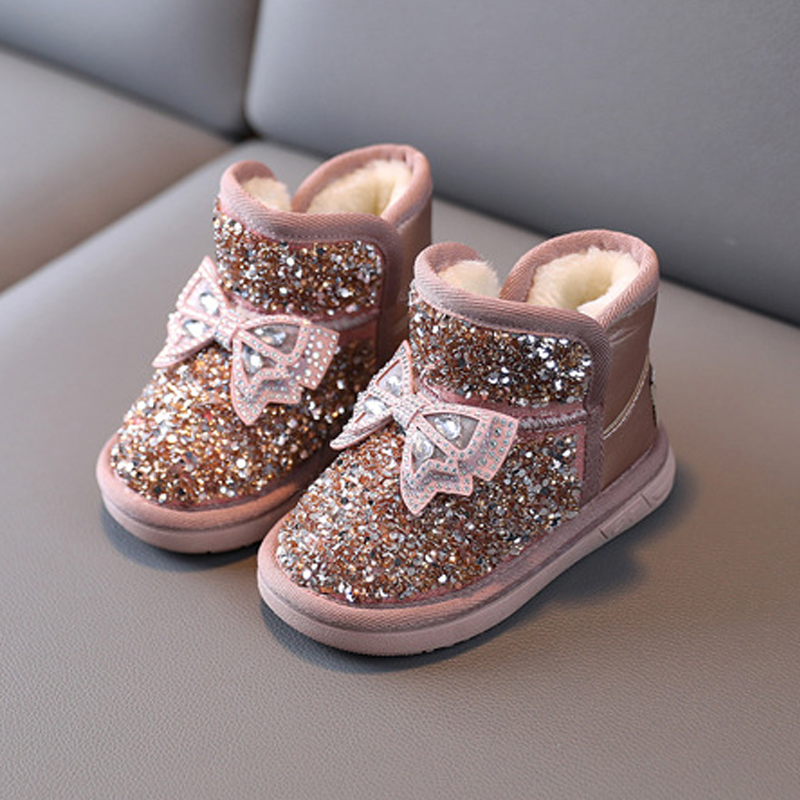Girls Snow Boots Rhinestone Sequins Kids Fashion Winter Boots Princess Child Winter Cotton Plush Glitter Toddler Boots with Bow Littlesprouts Classic 