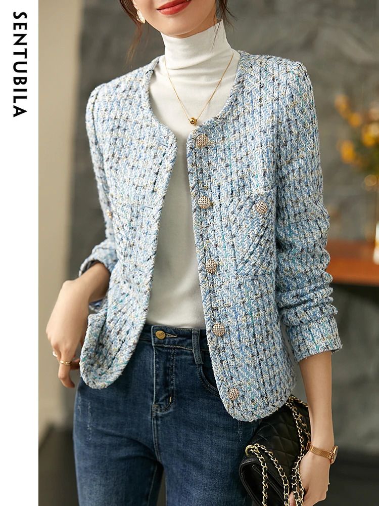 SENTUBILA Cropped Tweed Jacket for Women Autumn Elegant Fashion Outerwear O-Neck Short Coat Womens 143W56772X 241125