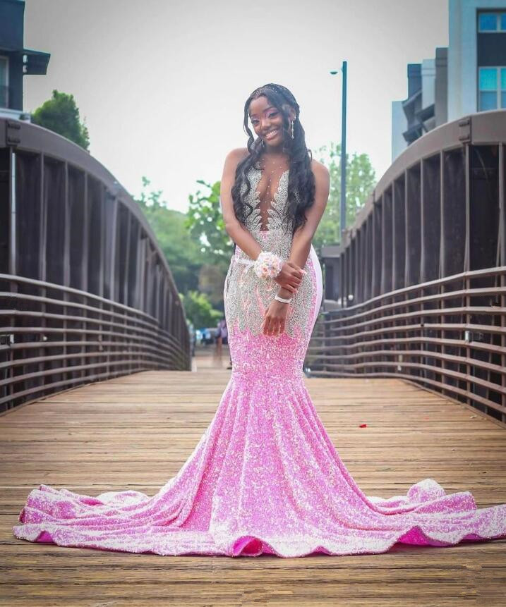 Rose Pink Sparkly Mermaid Prom Birthday Gala Dresses for Black Girl 2024 Luxury Diamond Crystal Velvet Evening Ceremony Gown