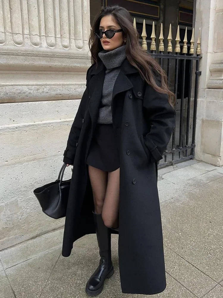 Fashion With Belt Black Woolen Long Coat For Women Oversize Loose Double Button Lapel Overcoat Autumn Lady High Street Outerwear 241121 - view 4
