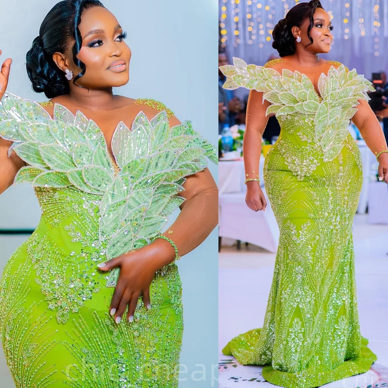 Green Mermaid Prom Dresses 2024 Florals Rhinestones Full Sleeves Lace Evening Formal Party Second Birthday Engagement Gowns Plus Size Dress For Specia